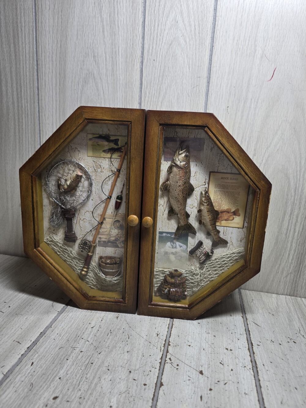 Vtg Fishing Shadow Box Key Holder Double Door Man Cave Hunting Lodge Decor